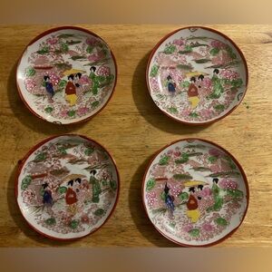 4-Antique Japanese Kutani Porcelain 5-3/8" Saucer; Hand-Painted Geisha